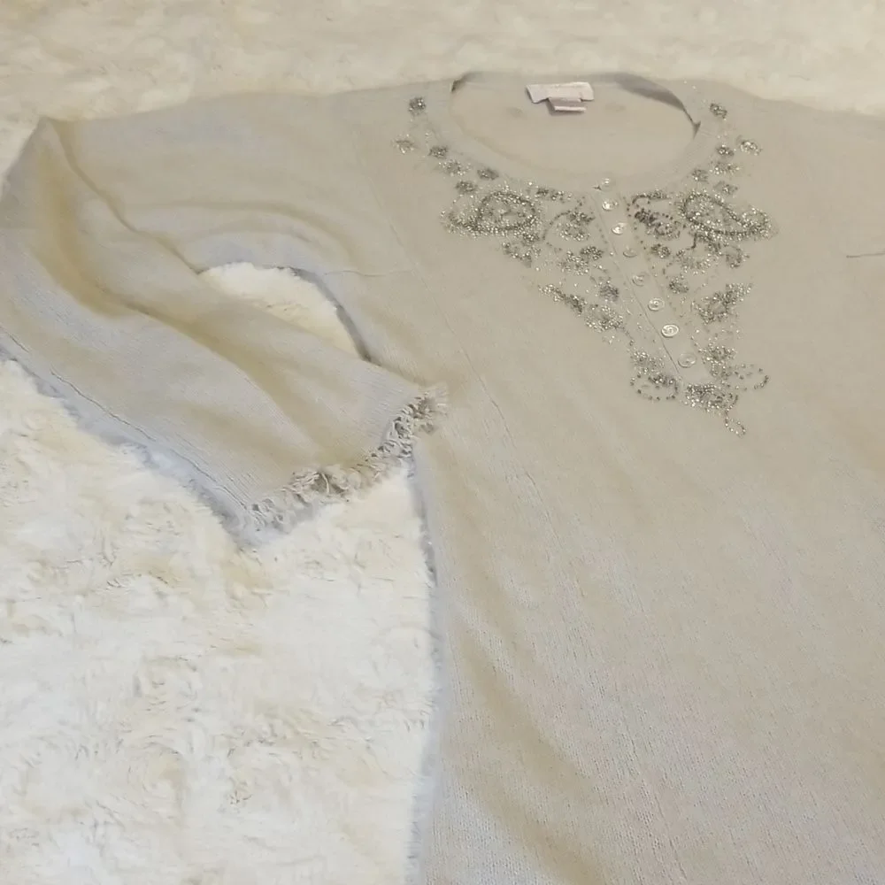 Cashmere Couture Knit Sweater Womens Small Gray Embroidered Embellished Paisley